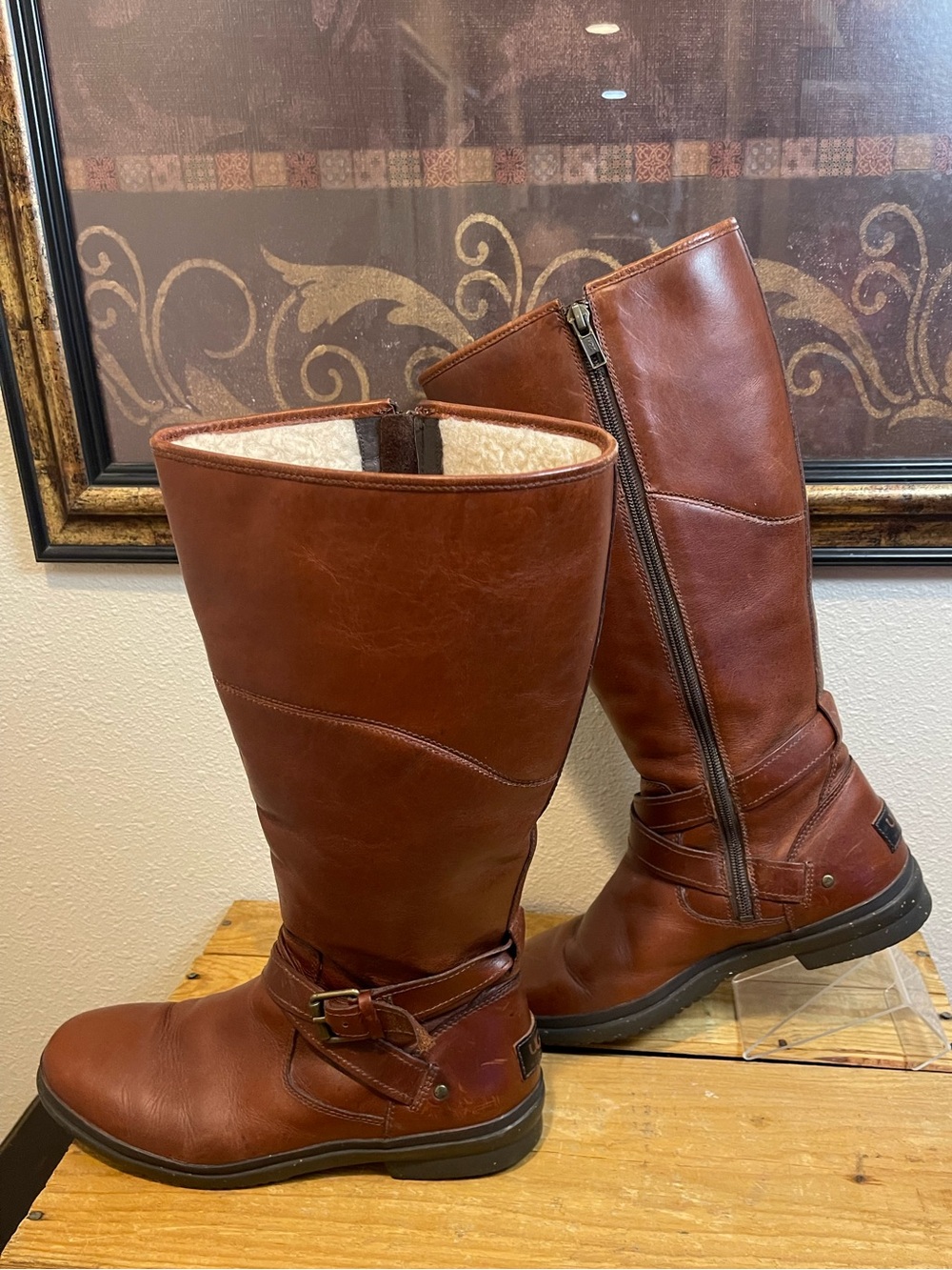 UGG Evanna Waterproof Leather Tall Riding Boots in Chestnut / Cognac Brown.